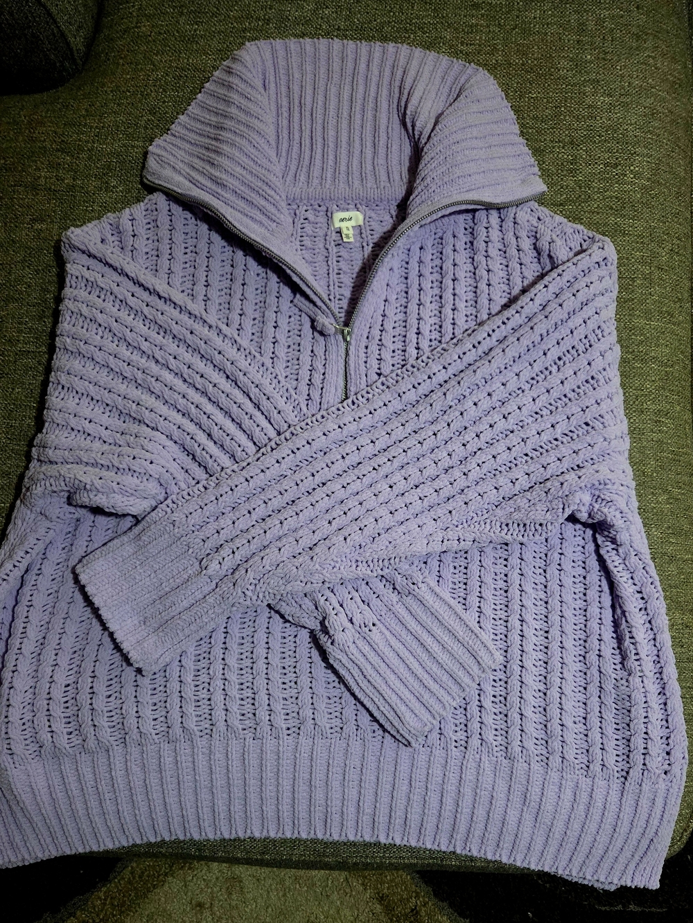 aerie Lavender Zip-Front Knit Funnel Collar Sweater